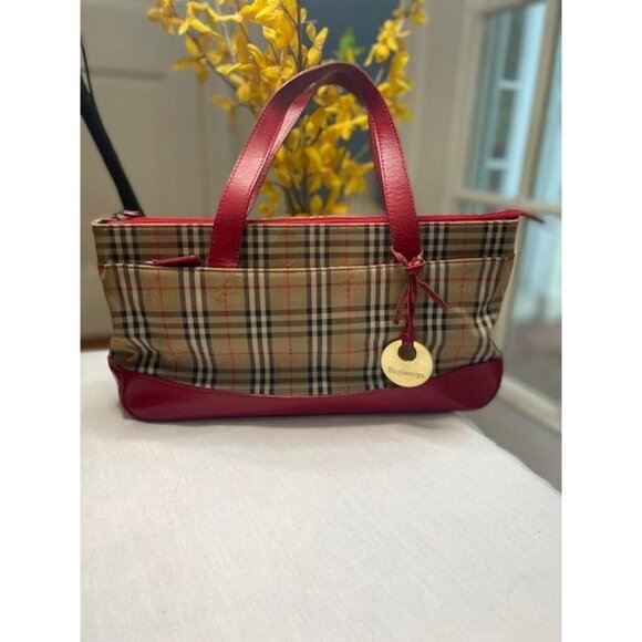 Burberry Handbags - THIS ITEM HAS SOLD Burberry Preloved Novcheck with Red Leather and Gold Hardware